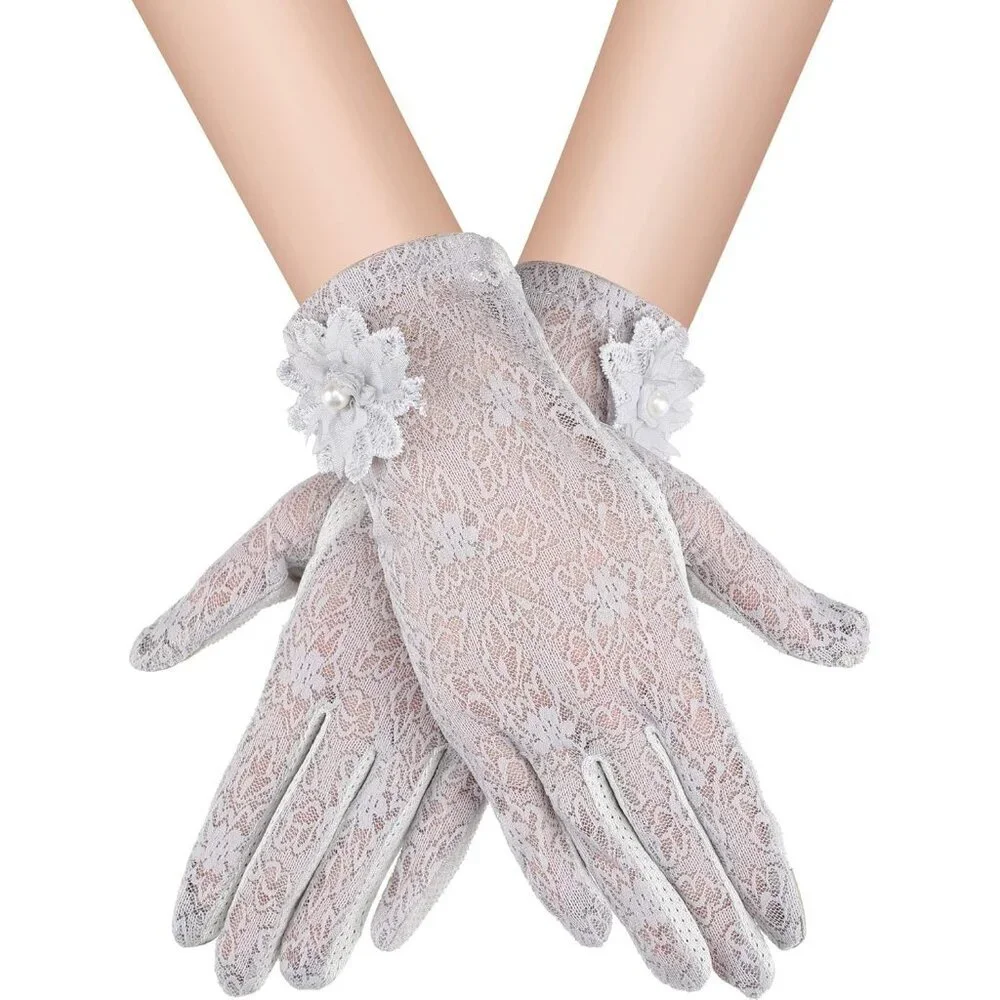 Women's Gray Fingerless Floral Short Lace Gloves Party Tea Halloween Wedding